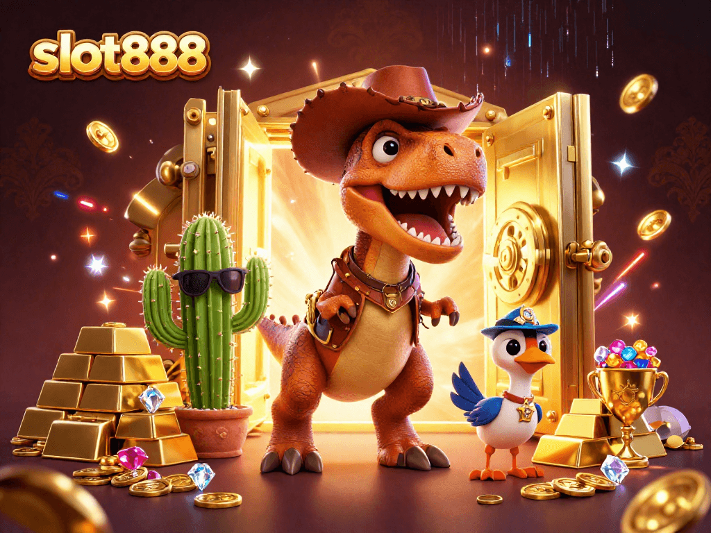 Slot888 menawarkan pengalaman menarik dengan dinosaur koboi dan karakter bertema kasino.