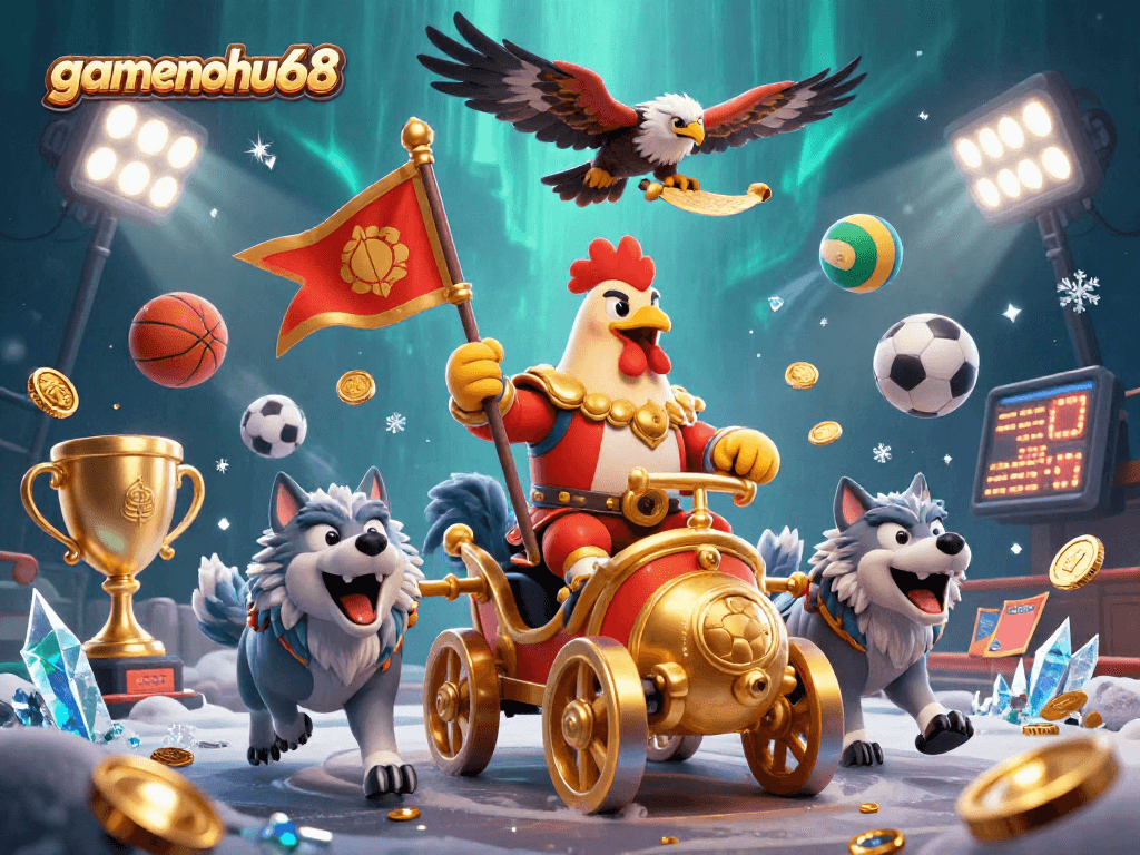 Engage with gamenohu68 in a vibrant gambling scene featuring a rooster warlord and explosive sports action.