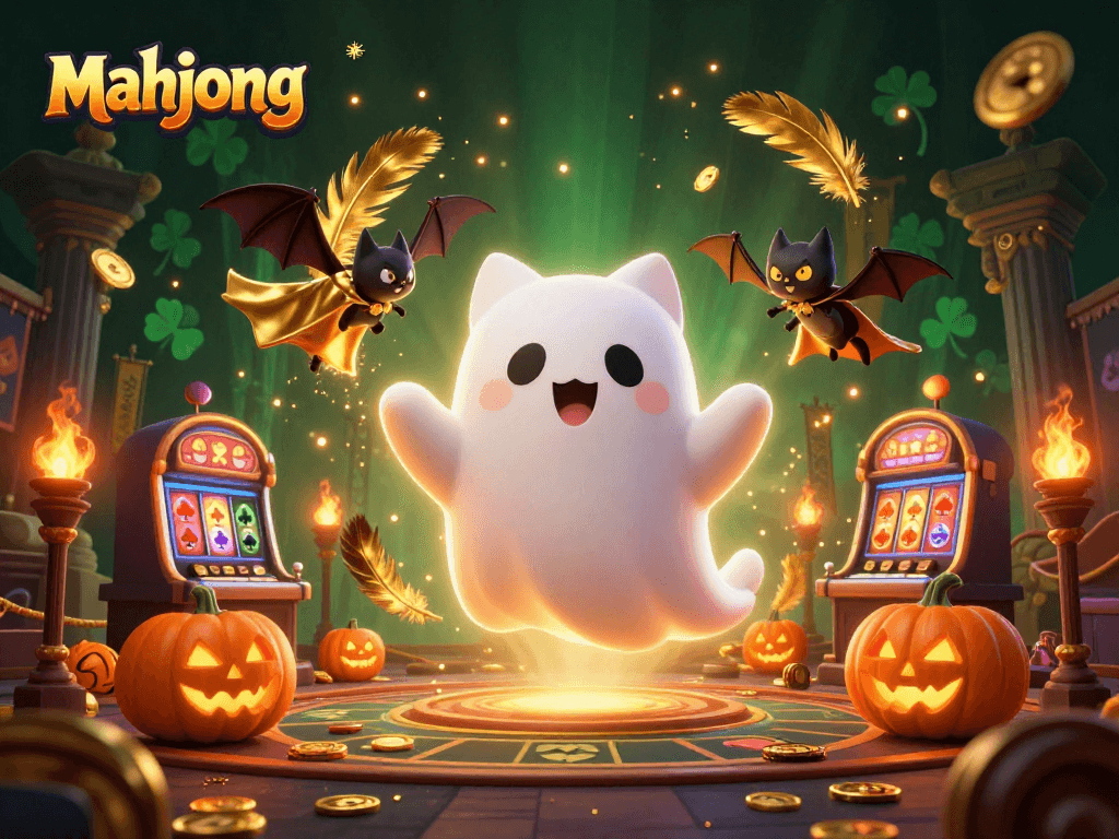 Experience mahjong excitement with a ghost cat and bat in a vibrant casino scene filled with dynamic elements.