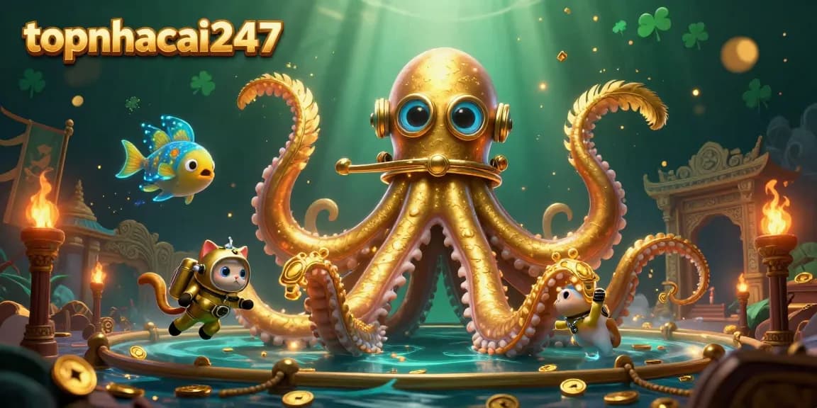 Engage with topnhacai247's thrilling gaming atmosphere featuring a colossal kraken and diving cat.