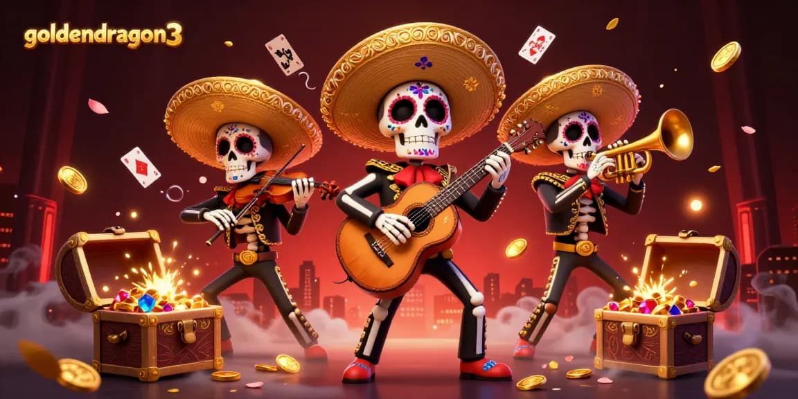 Exciting 3D scene showcasing the goldendragon3 mariachi band surrounded by treasure in a vibrant casino setting.