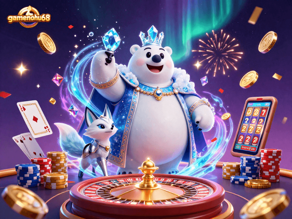 gamenohu68 showcases a vibrant casino scene with an ice king polar bear and rich betting elements.