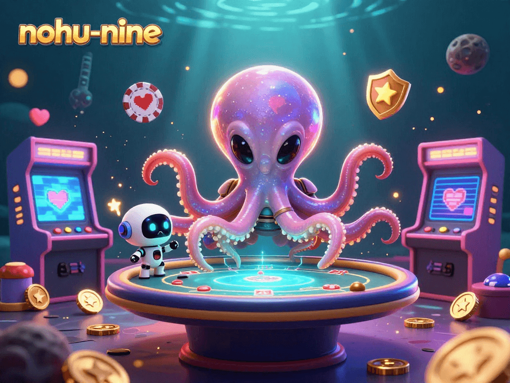 Experience the excitement of nohu-nine as an alien octopus plays holographic poker with casino-themed elements.