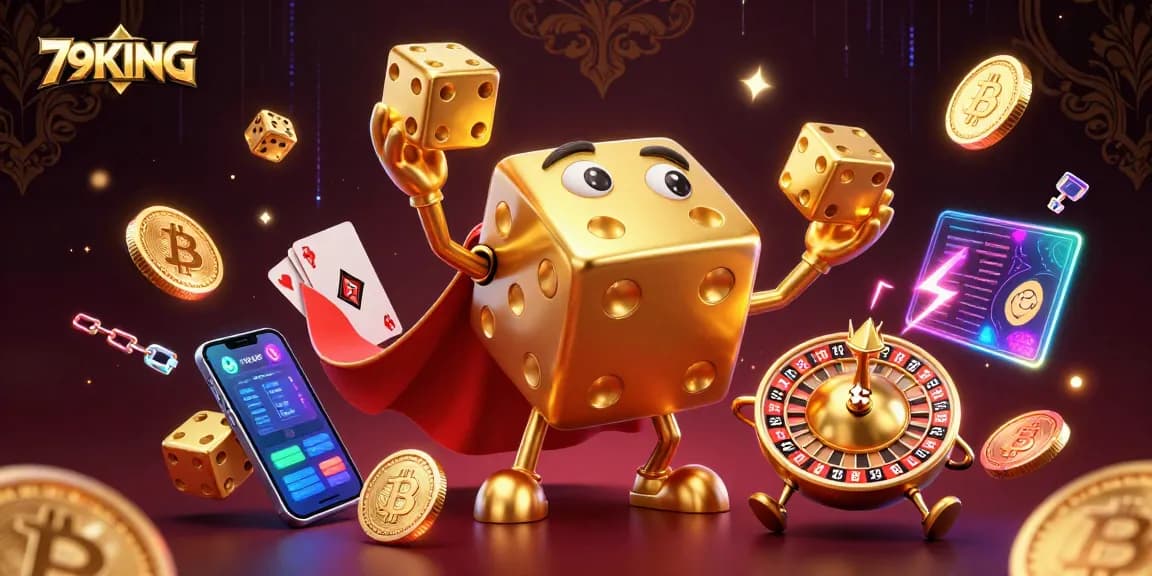 79KING gaming strategy featuring a golden dice golem, crypto coins, and casino elements in vibrant 3D.