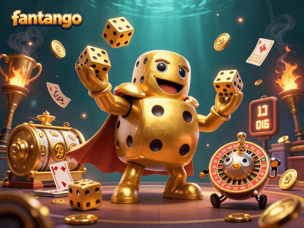 Experience the magic of fantango as a golden dice golem juggles riches in this vibrant casino scene.