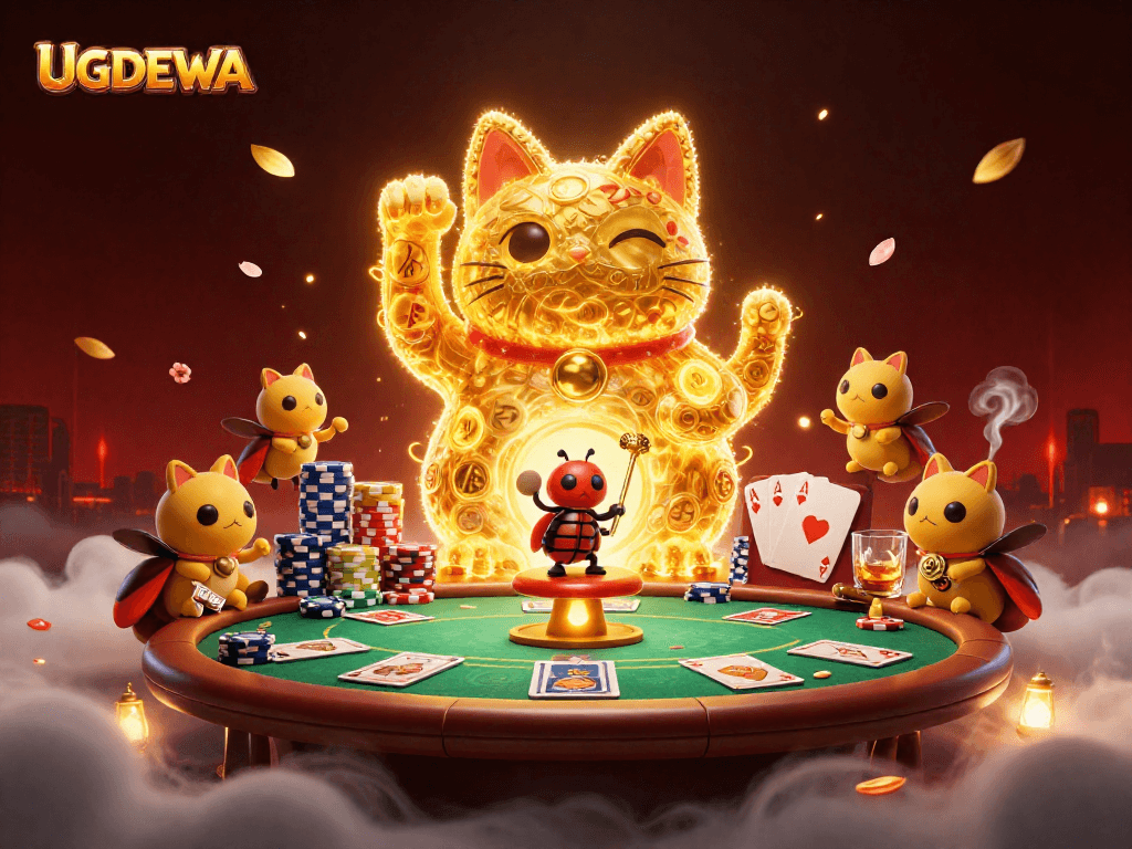 Engage with UGDEWA's vibrant casino scene featuring a lucky cat and poker elements.