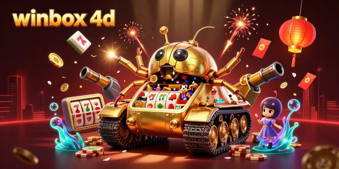 Winbox 4D showcases a vibrant casino scene with a golden beetle tank and slot reels.