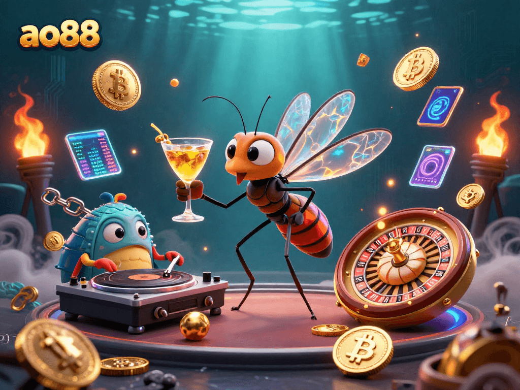 Engage with ao88's vibrant casino world featuring a unique mosquito mascot and ancient sea creatures.