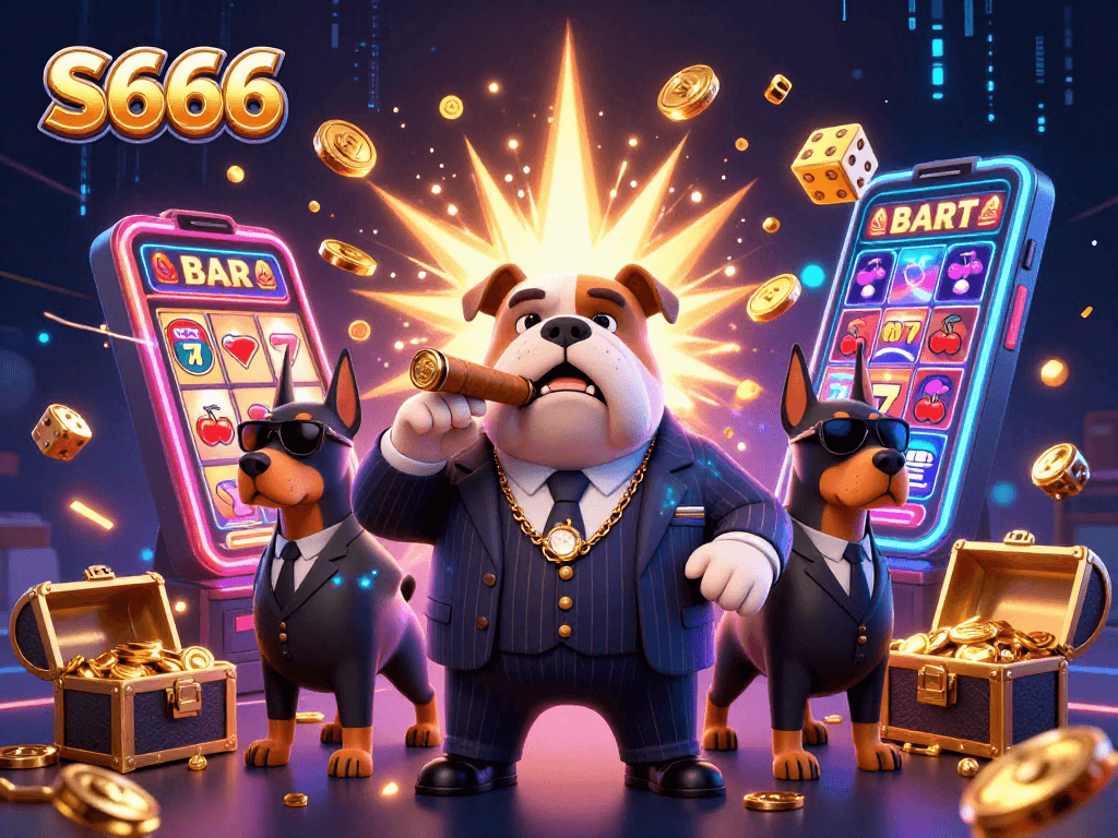 S666 players engage with vibrant slot machines and winning symbols in an exciting casino scene.