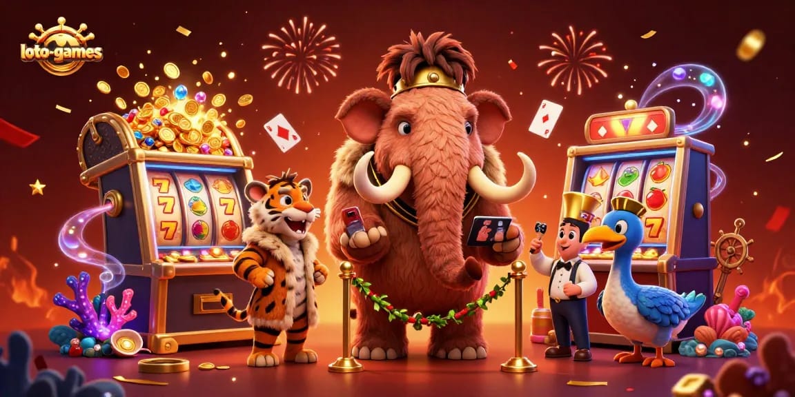 Loto-games brings a vibrant casino scene to life with a mammoth bouncer checking IDs amidst exciting slot machines and festive decorations.