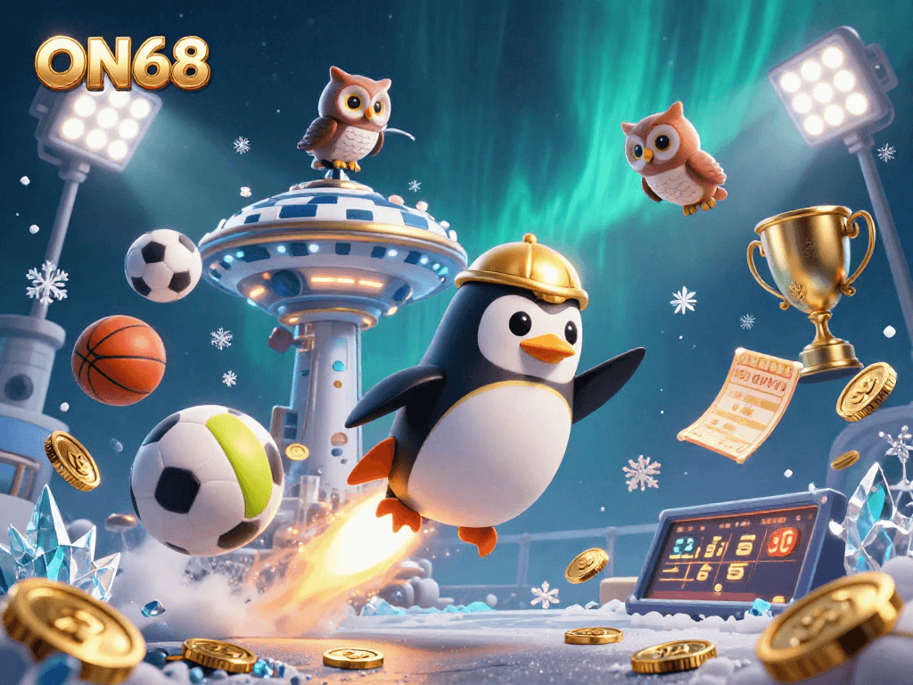 Experience the enticing world of ON68 as the golden penguin rockets toward a dazzling casino space station.