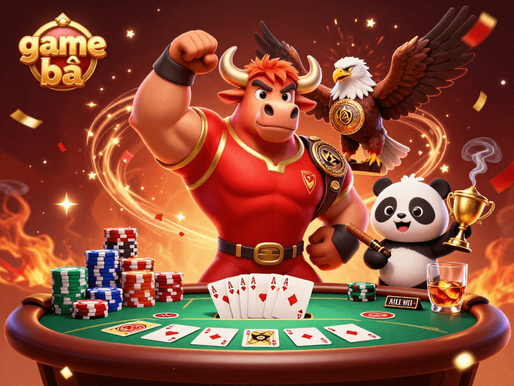 Engage in thrilling game bài action featuring a muscular bull, eagle, and panda! Celebrate winning moments!