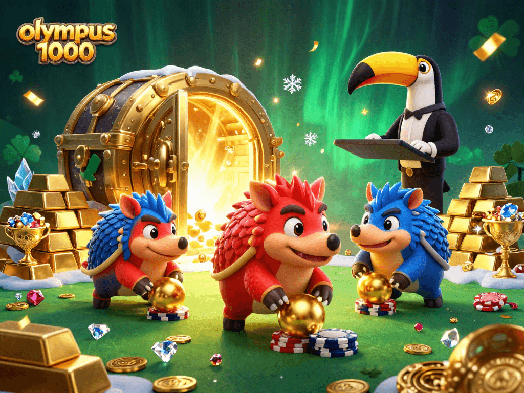 Mainkan slot Olympus 1000 dengan meriah, menampilkan pangolin bersaing dalam membawa bola emas.