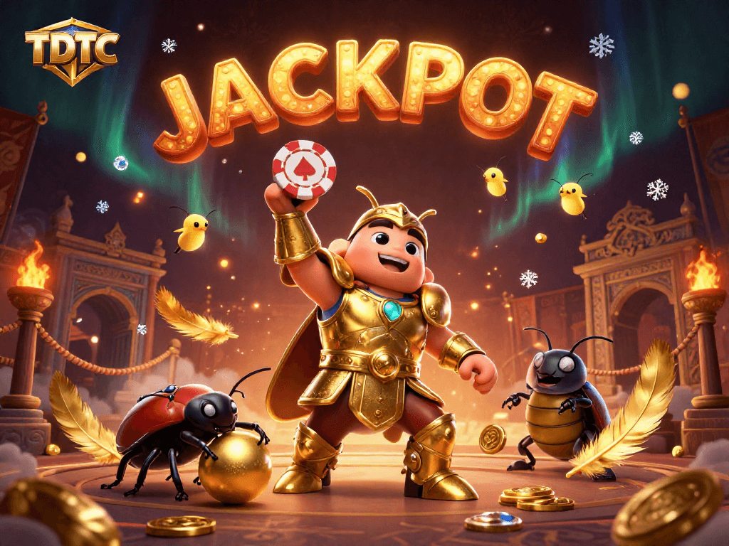 Celebrate TDTC wins with hercules beetles and jackpot fireflies in a dynamic 3D casino scene
