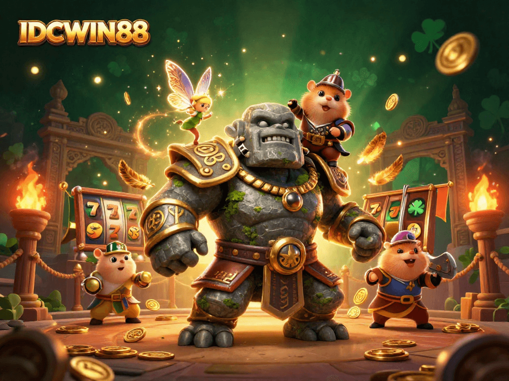 Experience thrilling wins with IDCWIN88 in this vibrant 3D casino scene showcasing magical characters and captivating slot elements.