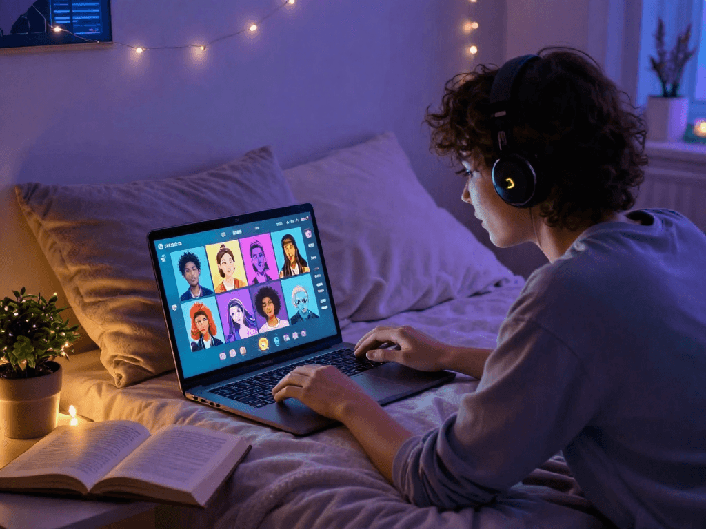 Dynamic scene of ai porn chat featuring a user engaged in lively virtual interaction with colorful animated characters and cozy bedroom setting.