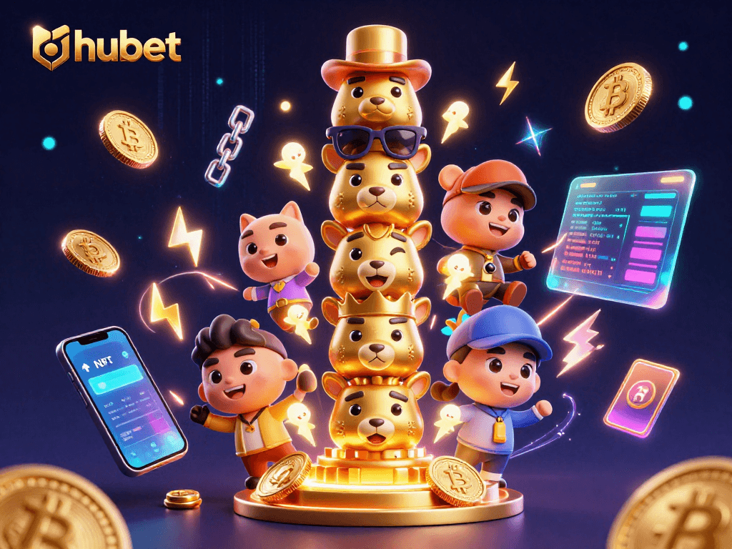 Engage with hubet's vibrant casino atmosphere, featuring exciting 3D characters and crypto elements.