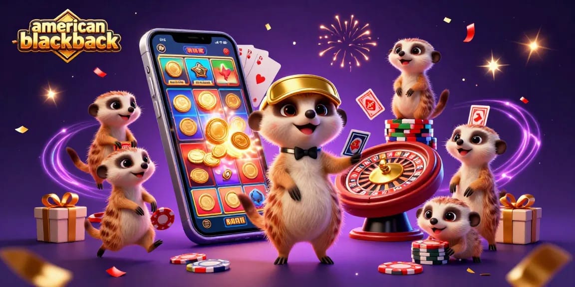 Experience american-blackjack excitement with meerkats in a vibrant casino scene full of energy and colorful elements.