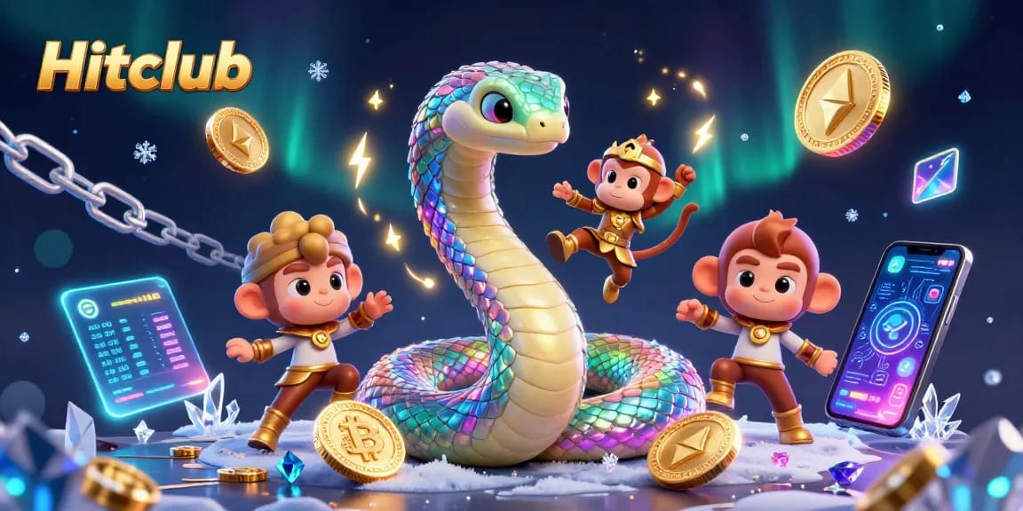 Hitclub's magical gaming showcase featuring a vibrant rainbow serpent and NFT elements.
