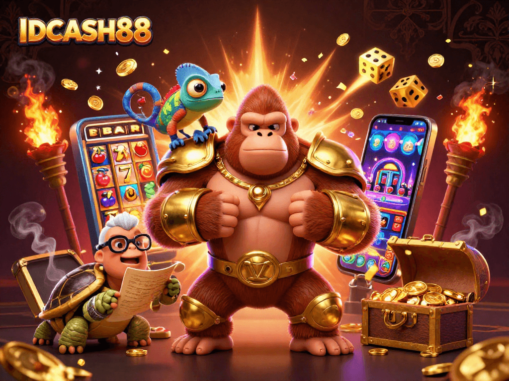 IDCASH88 showcases a powerful gorilla king and a chameleon in a vibrant casino setting.