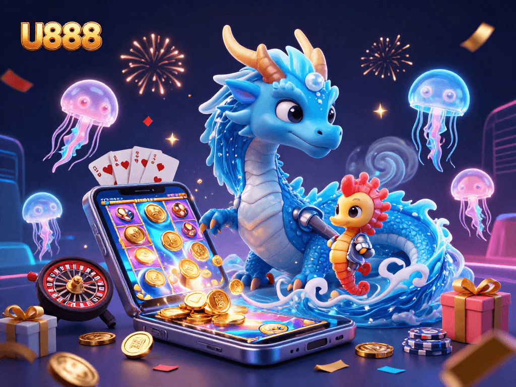 Engage with U888's thrilling gaming world, featuring a vibrant water dragon and exciting casino elements.