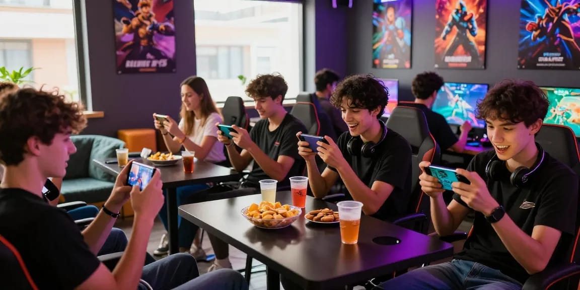 Players eagerly download now the Alano Dt 5 app in a vibrant gaming lounge with snacks and exciting gaming atmosphere