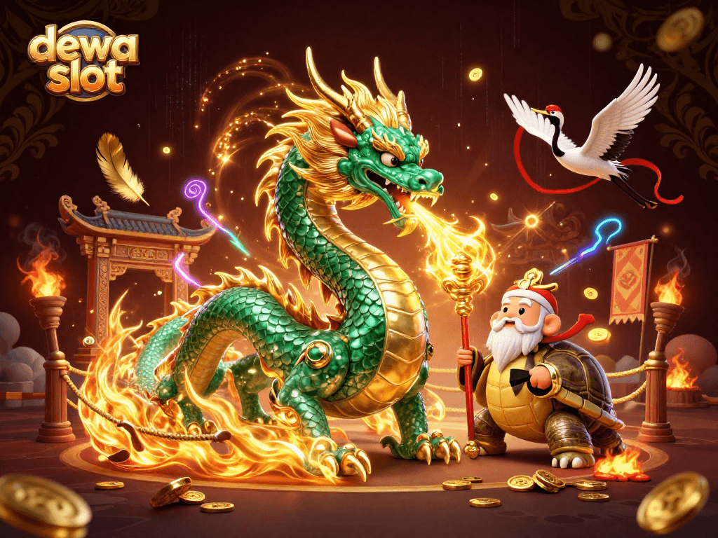 Engage in thrilling moments with dewa slot featuring a massive emerald dragon, turtle sage, and lucky cranes.