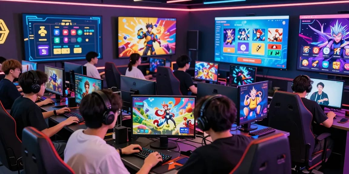 Engaged gamers in vibrant online marketplace exploring gacha168 collectible items and digital avatars.