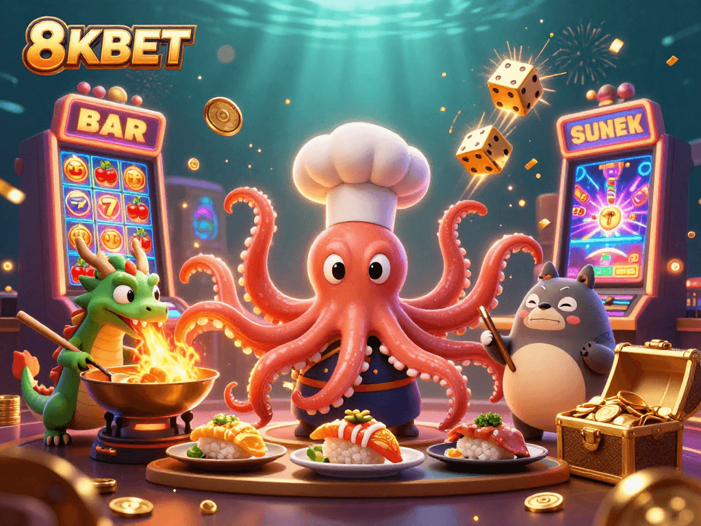 Join the fun at 8KBET casino with animated characters in a dynamic betting scene.