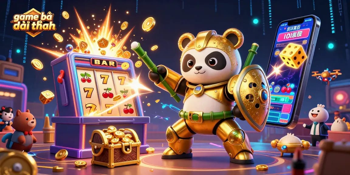 Engage in game bài đổi thưởng with vibrant casino action featuring a panda piloting a robot amidst dynamic gaming elements.
