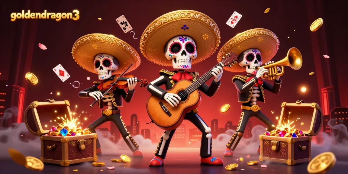 Exciting 3D scene showcasing the goldendragon3 mariachi band surrounded by treasure in a vibrant casino setting.