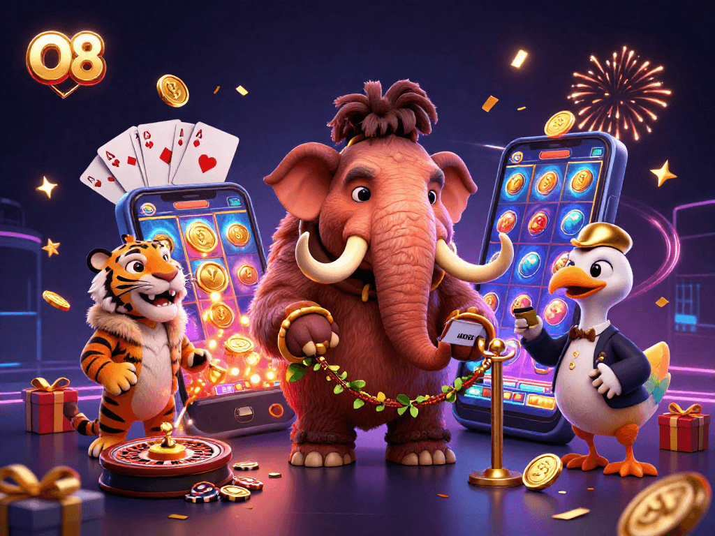 O8 features a mammoth bouncer checking IDs at a vibrant casino scene, showcasing exciting gaming elements.