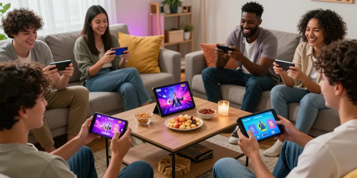 Players experiencing free mobile porn games together in a cozy living room with vibrant graphics.