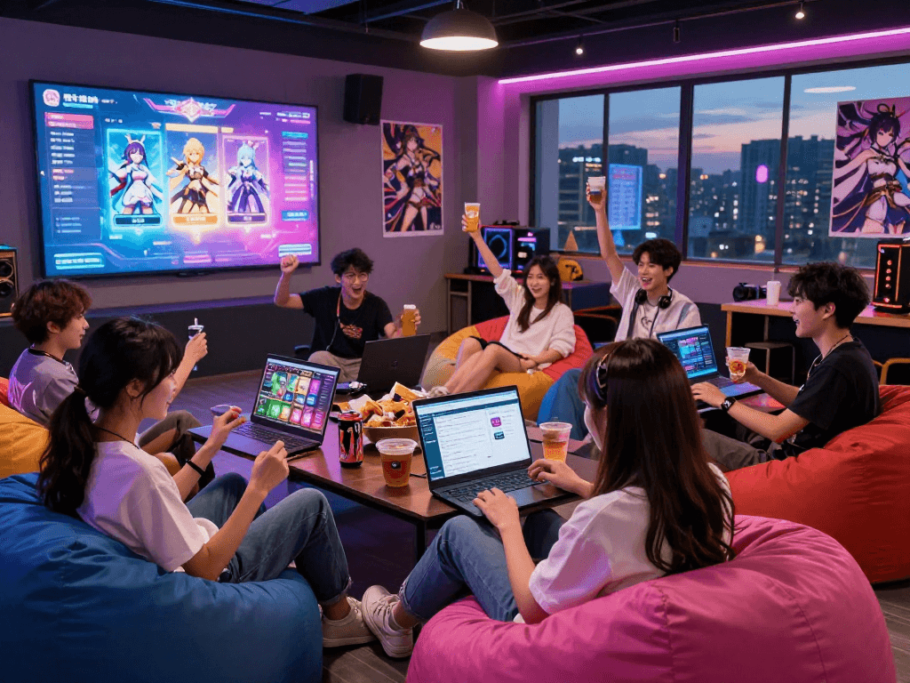Exciting gacha168 gaming scene in vibrant lounge with players enjoying colorful game rewards.