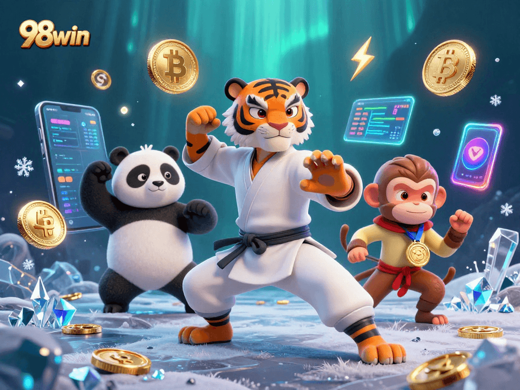 Engage in the thrill of 98win with a playful illustration of a kung fu tiger and friends around glowing crypto coins.