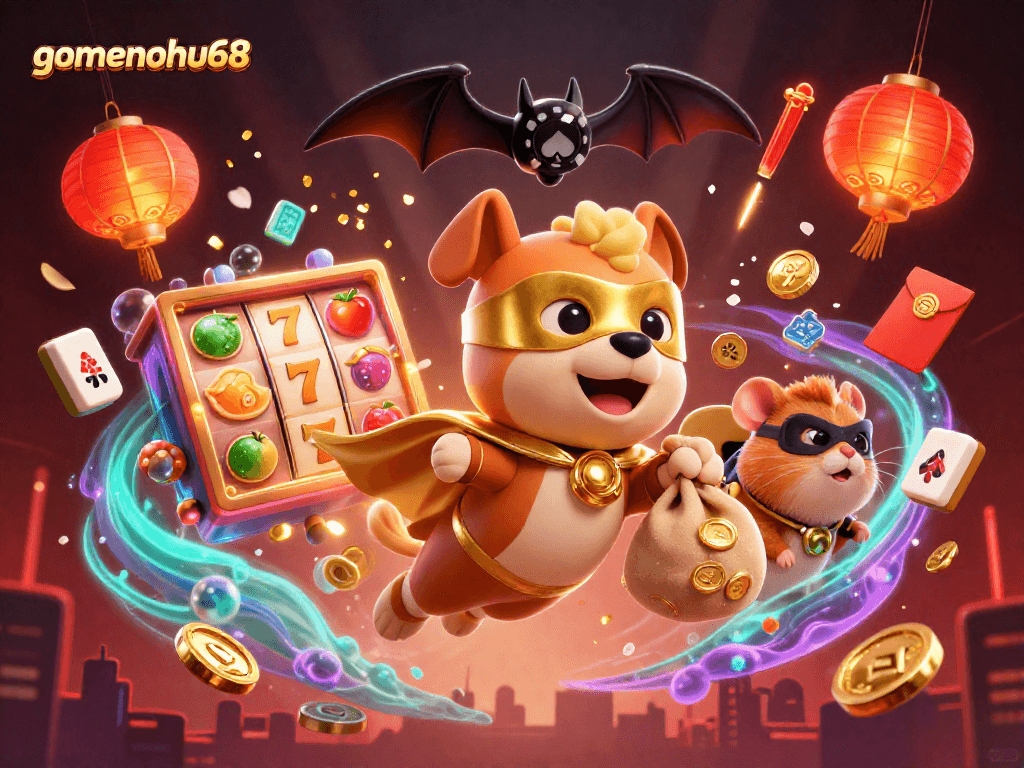 Experience gamenohu68 with a thrilling 3D illustration of a superhero dog and dynamic slot reels in a vibrant casino scene.