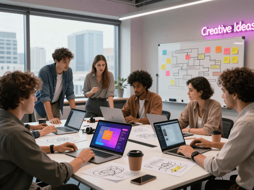 Creative team designing spicy ai application in innovative studio environment with collaborative atmosphere.