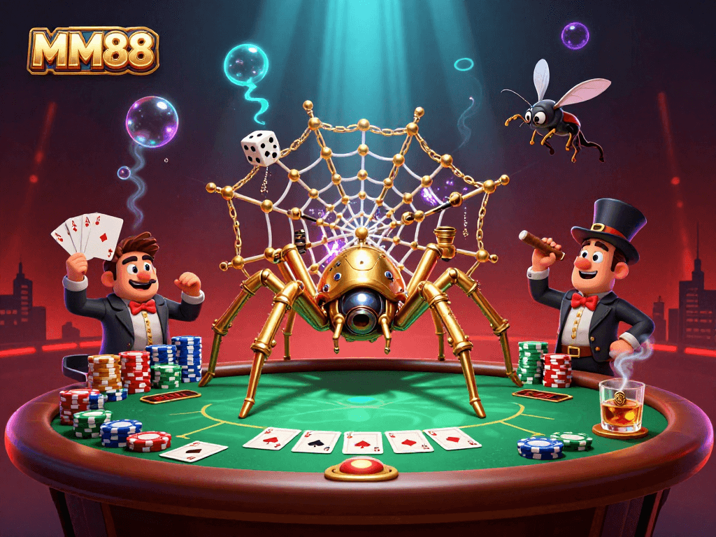 Experience the thrill of MM88 with a captivating steampunk casino scene featuring golden elements and poker excitement.