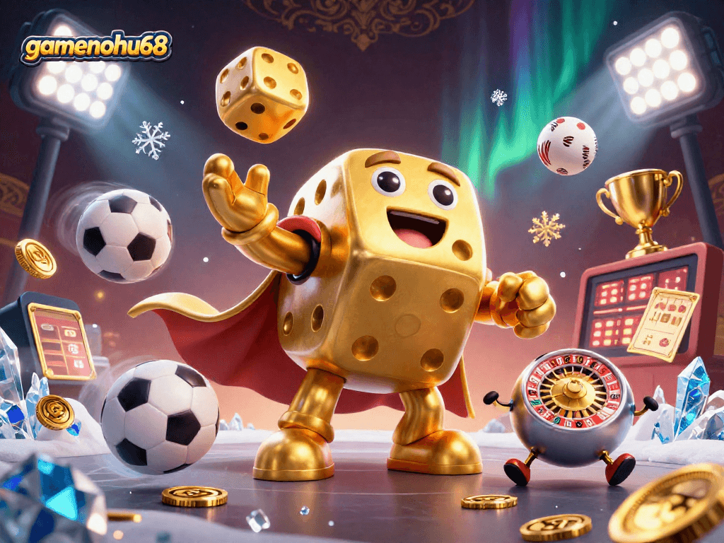 Engage in thrilling action with gamenohu68's dynamic casino scene featuring a golden dice golem and sports elements.