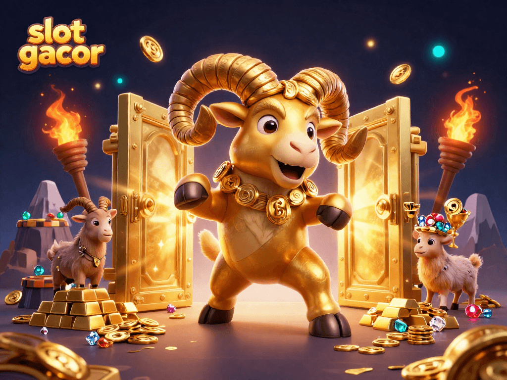 Menang besar dengan slot gacor dan simbol keberuntungan mengelilingi ram emas yang mengancam!