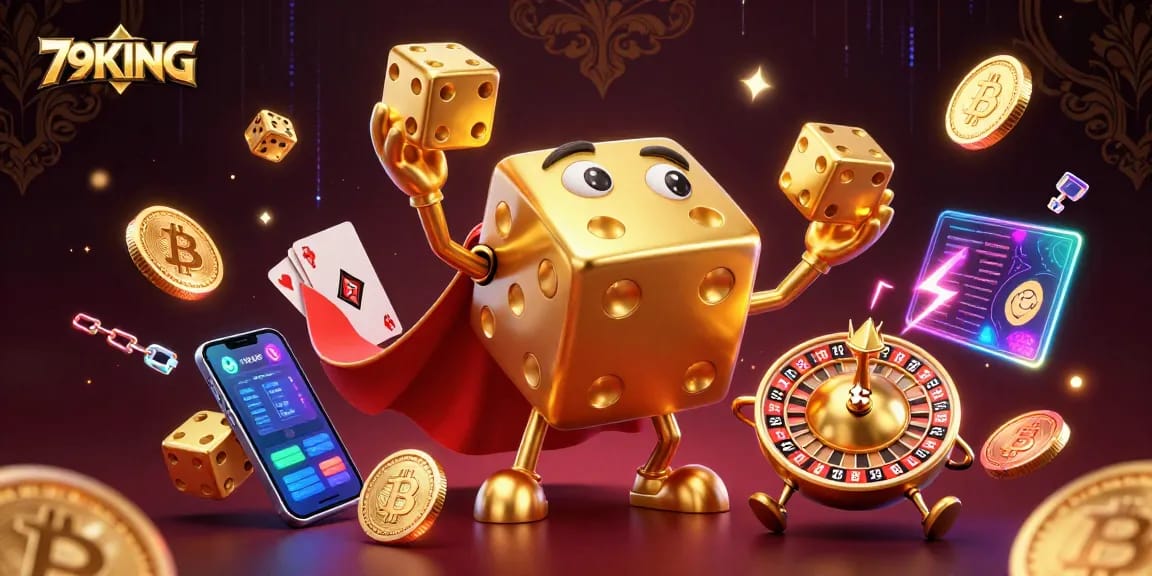 79KING gaming strategy featuring a golden dice golem, crypto coins, and casino elements in vibrant 3D.