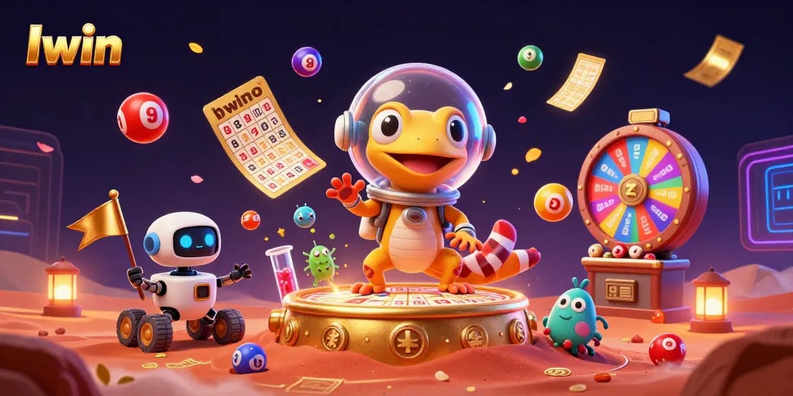 Iwin showcases an enthusiastic Martian gecko celebrating a lottery win in a vibrant 3D casino scene.
