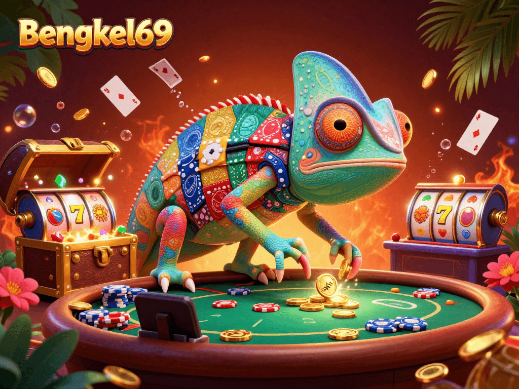 Engage in thrilling games at Bengkel69 with a vibrant chameleon casino owner amidst dynamic casino elements.