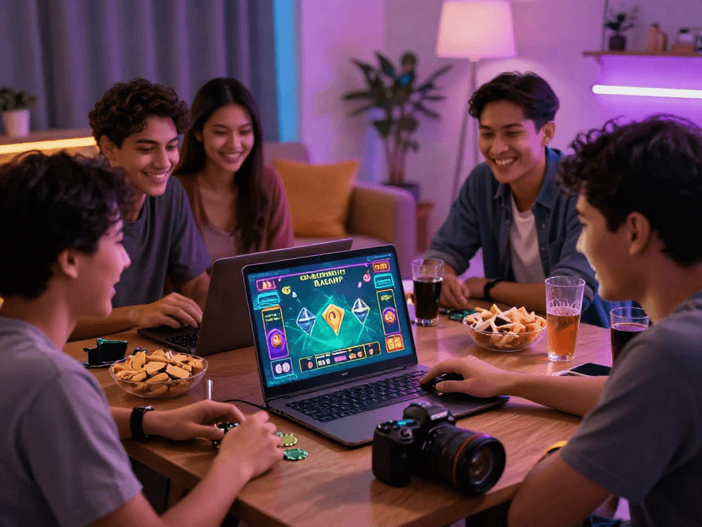 A lively gathering of friends experiencing kebuntoto online gaming in a cozy living room.