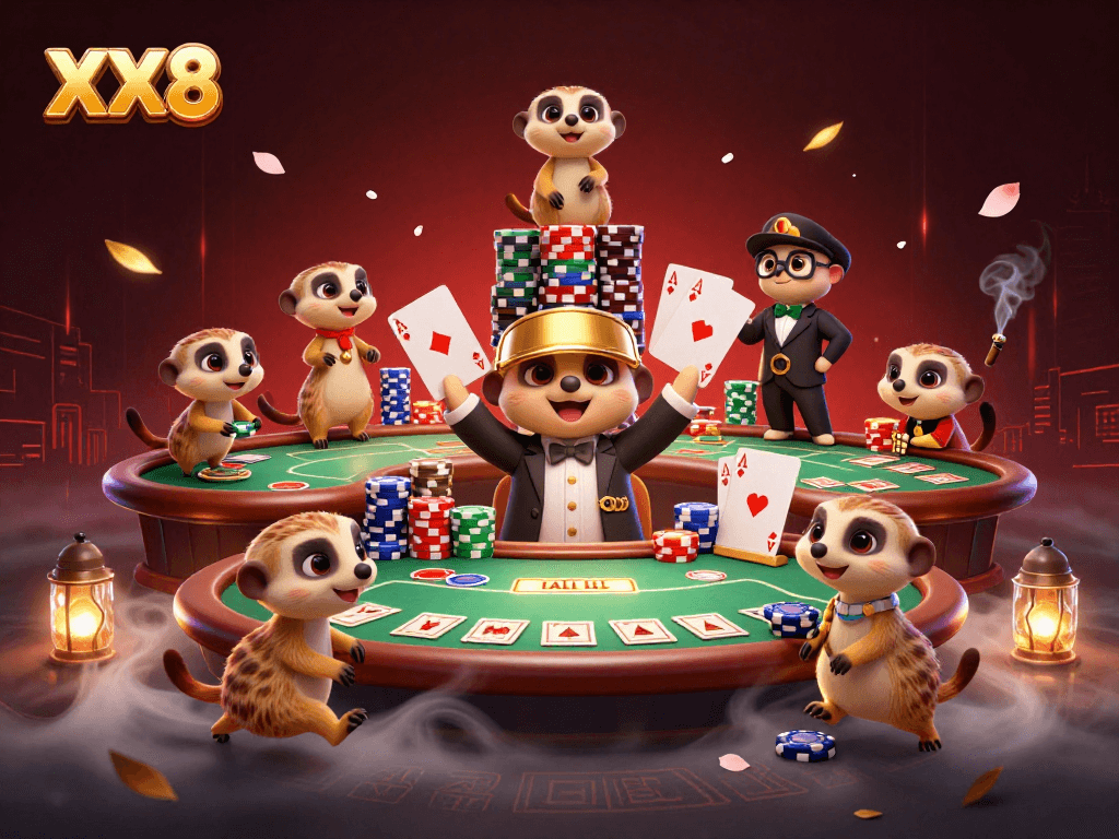 Experience exciting gameplay at XX8 with a lively meerkat casino scene showcasing poker action.
