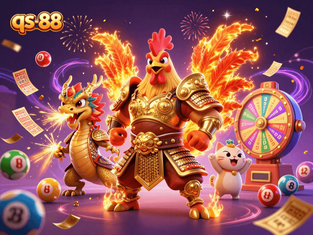 Join the excitement at qs-88 with a vibrant casino scene featuring unique characters and gaming elements.