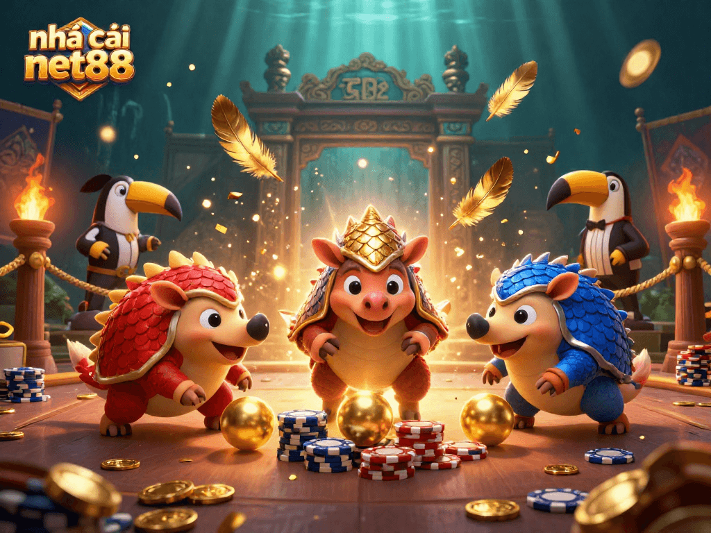 nhà cái net88 features playful pangolins in a vibrant casino bowling scene.