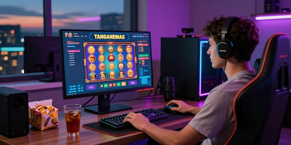 Pengguna TANGANEMAS menikmati pengalaman bermain slot online dengan antarmuka digital yang menarik.