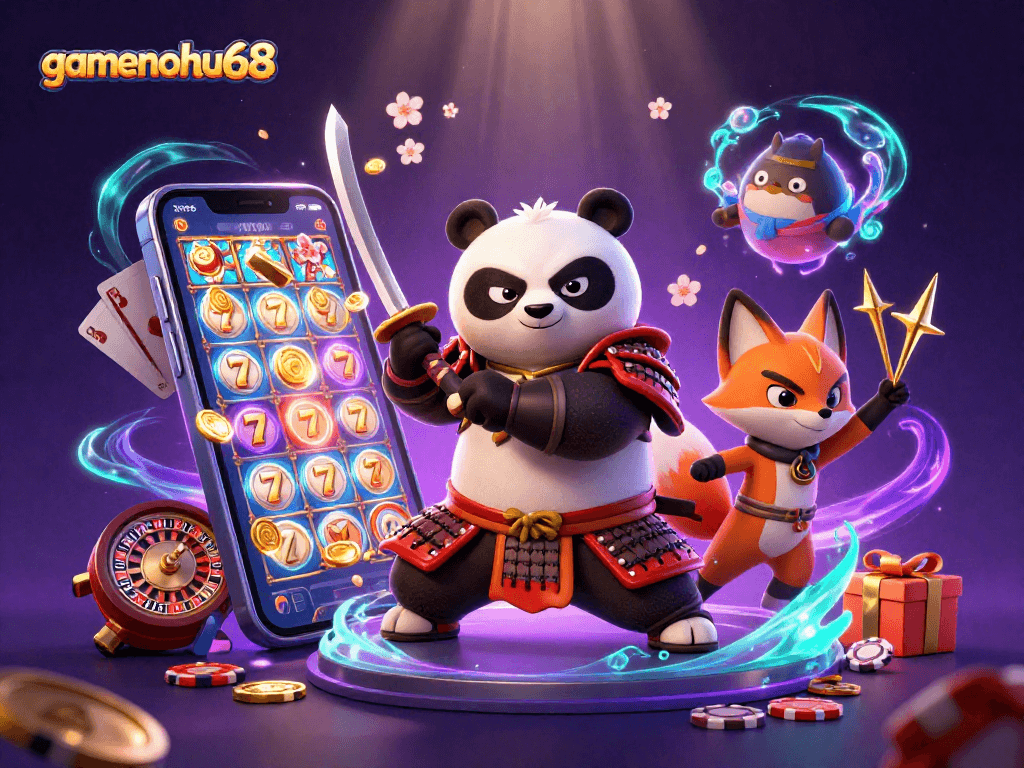 Spin and win with gamenohu68 in an exhilarating 3D casino illustration featuring dynamic gaming elements.