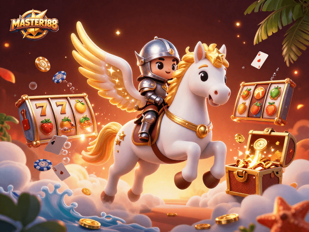 Experience the excitement of MASTER188 with vibrant slot elements and treasure in a dynamic 3D scene.